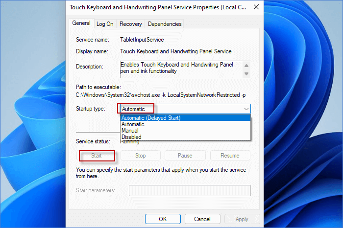 Start Touch Keyboard and Handwriting Service