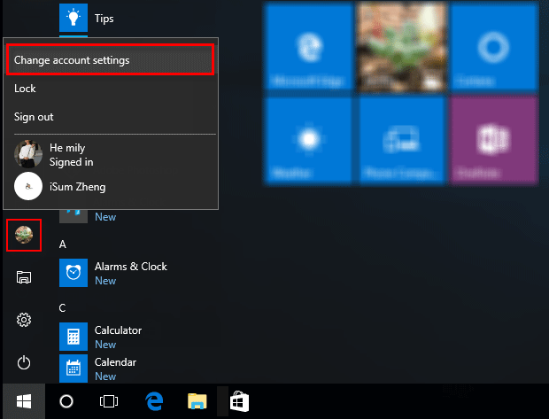 Windows 10 account settings