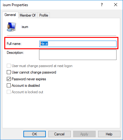 Change full name of user account