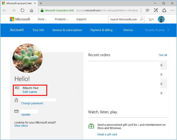 Edit Microsoft account name