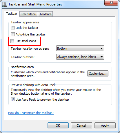 Disabling small taskbar buttons