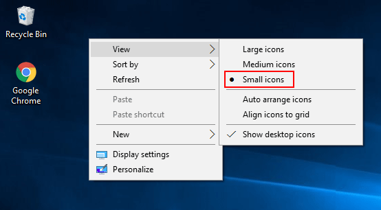 Changing icon size via the context menu