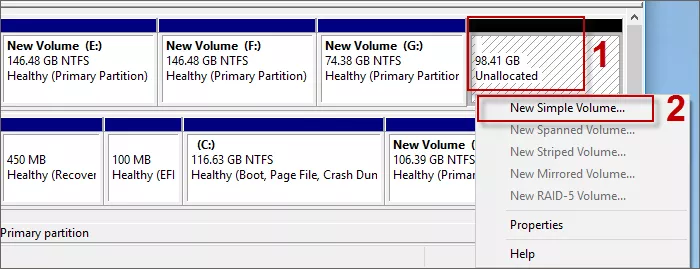 Right-click on Unallocated volume and choose New Simple Volume