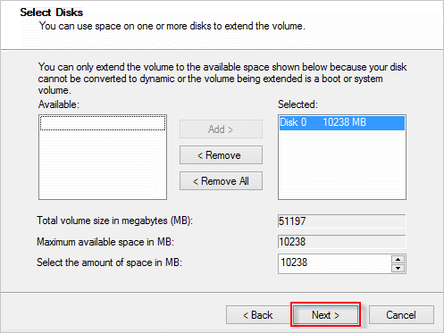 Extend Volume Wizard space selection in an older Windows interface