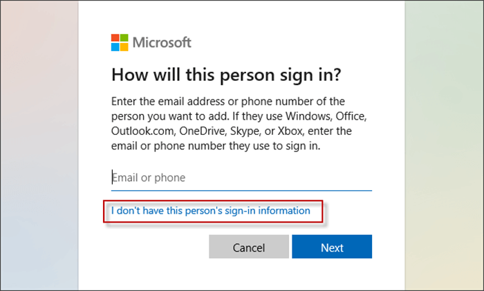 click I don't have this person's sign-in information