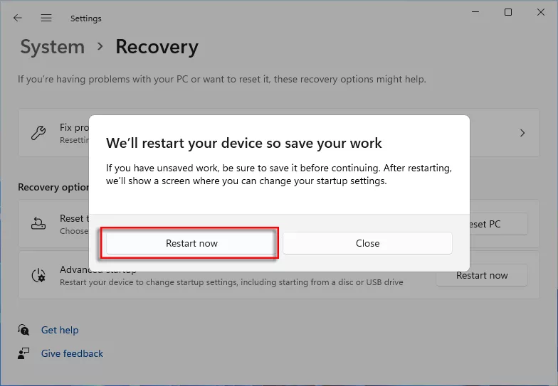 click restart now