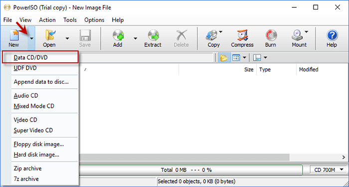 expand New option and choose Data CD/DVD