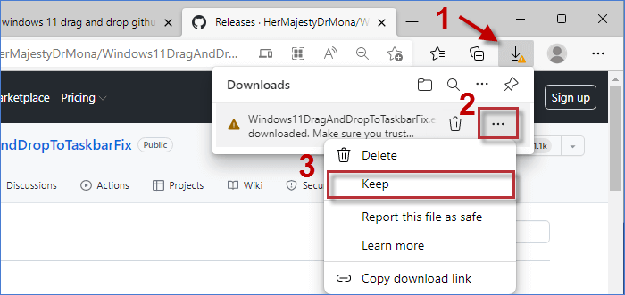 In downloads, click the '...' icon next to the file and choose Keep