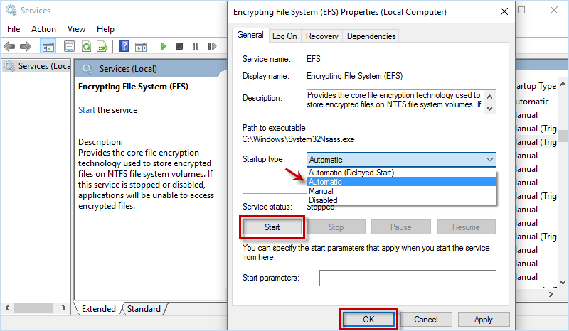 set efs automatically start