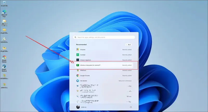 Open WSA from start menu