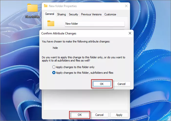 Apply changes to this folder, subfolders and files and click OK