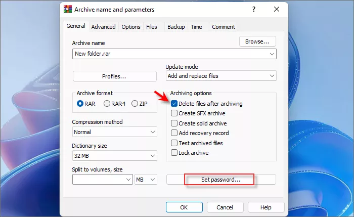  Tick Delete files after archiving and click Set password.