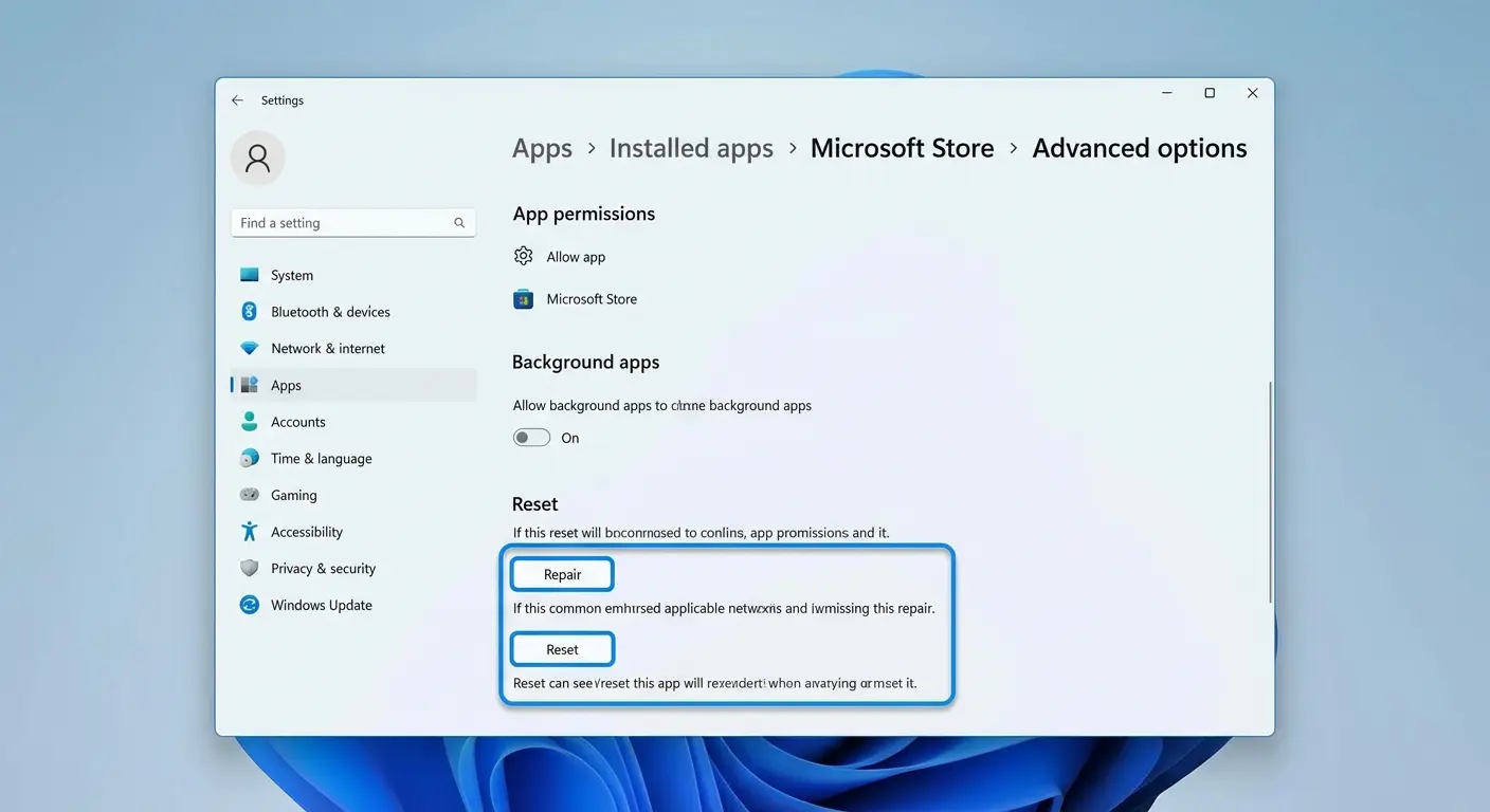 Resetting Microsoft Store from Windows Settings
