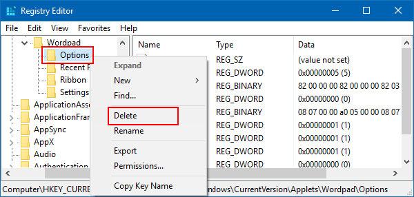 Reset WordPad Settings