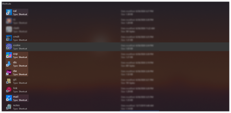 Rename shortcuts in the Shortcuts folder to short Win plus R keywords