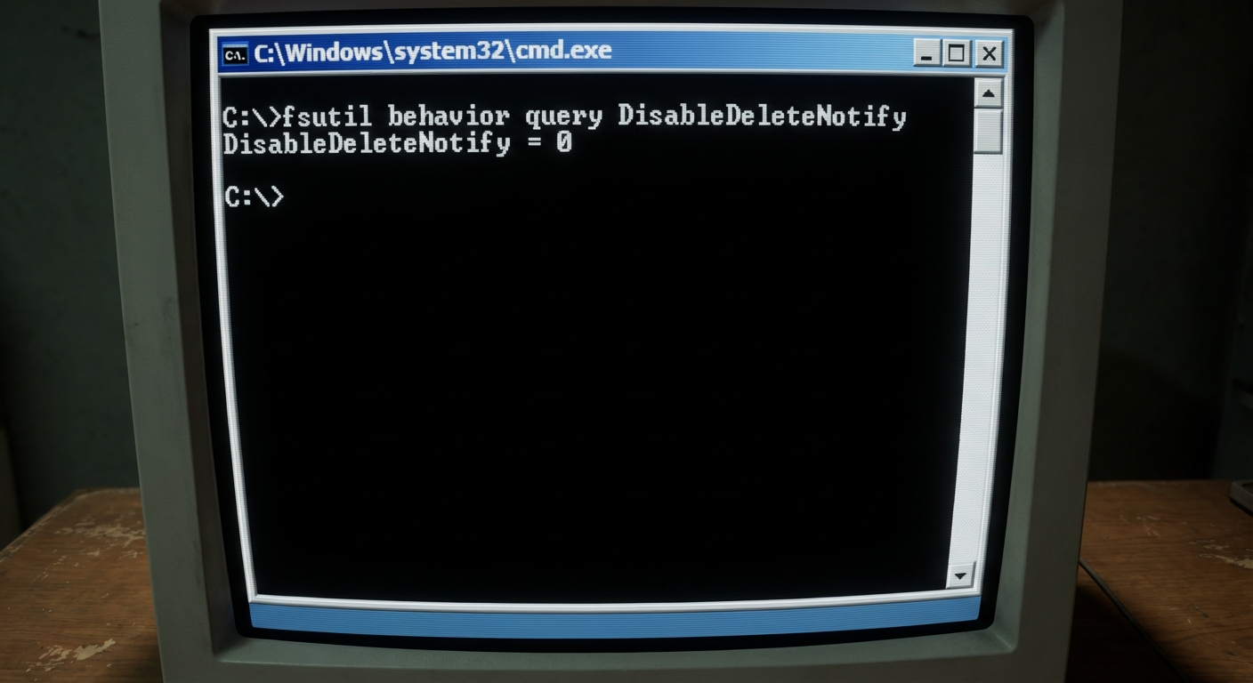 Command prompt showing fsutil behavior query DisableDeleteNotify result