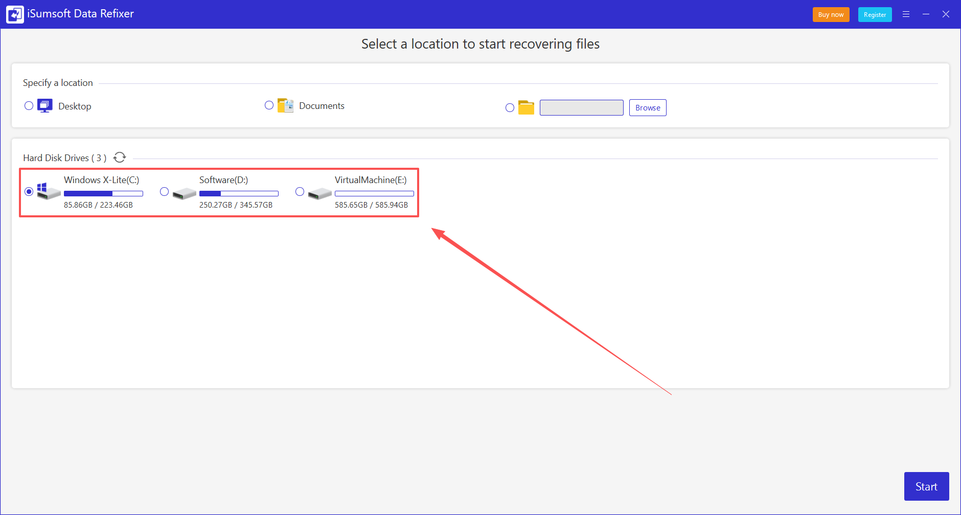 iSumsoft Data Refixer interface selecting a drive