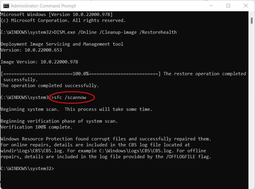 Command Prompt showing DISM completed and SFC repaired corrupted system files