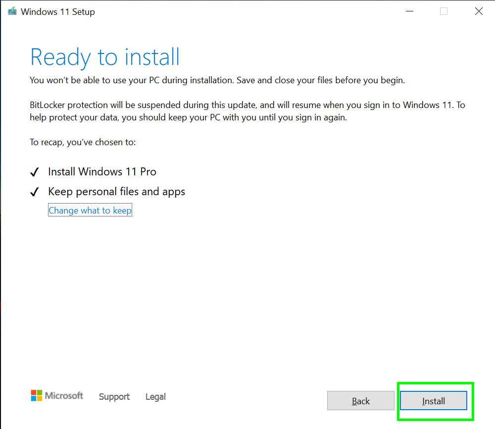 Windows 11 Setup ready to install with Keep personal files and apps selected