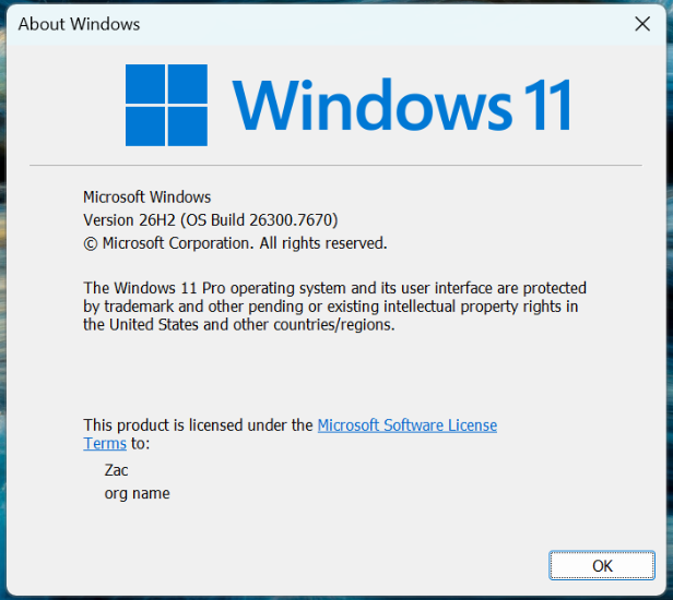 About Windows showing Windows 11 version 26H2