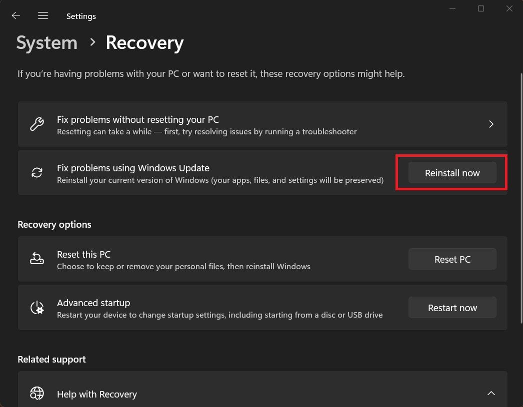 Windows Recovery settings with Fix problems using Windows Update and Reinstall now
