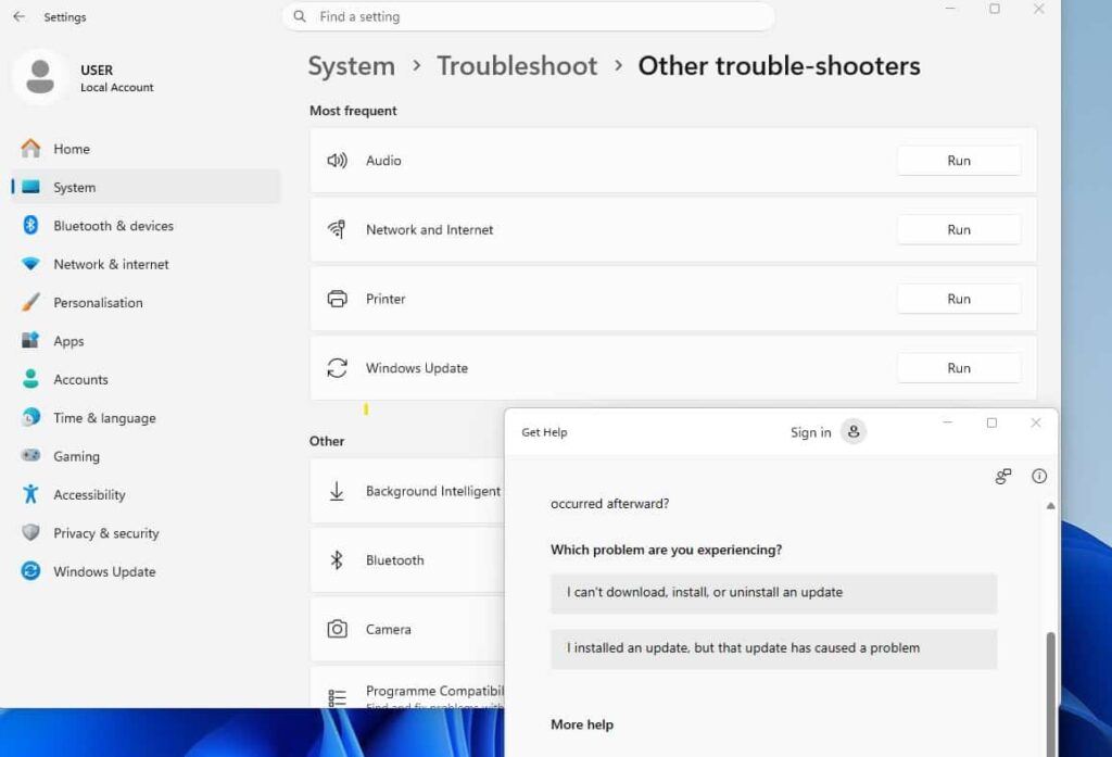 Windows Update troubleshooter in Settings and the Get Help app