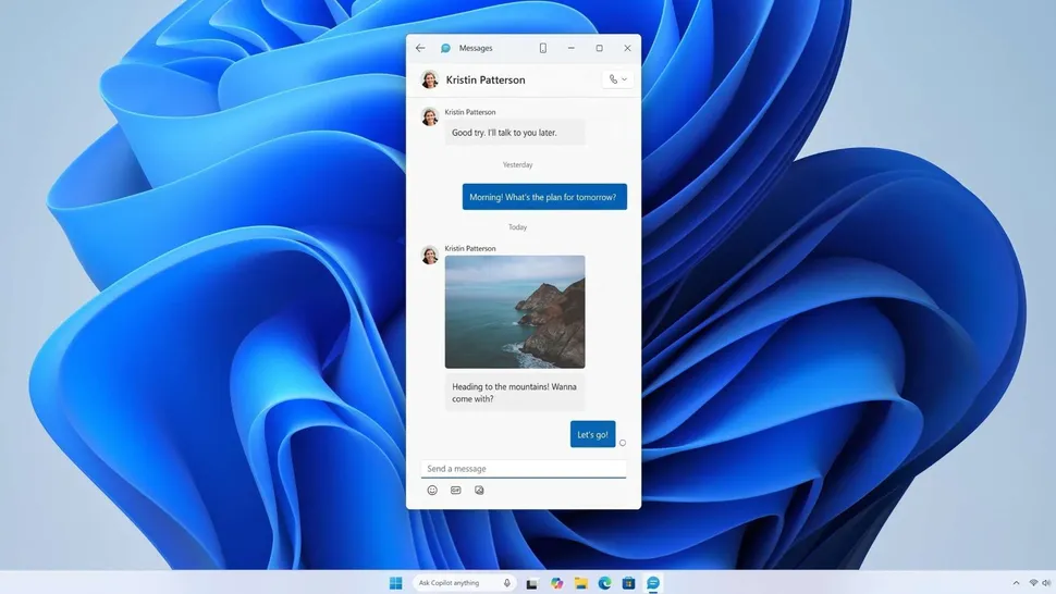 Windows 11 concept showing synchronized clipboard history and a standalone Messages app