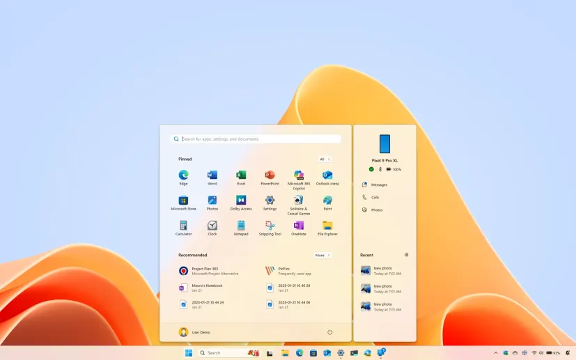Concept showing more recent phone activities in the Windows 11 Start menu