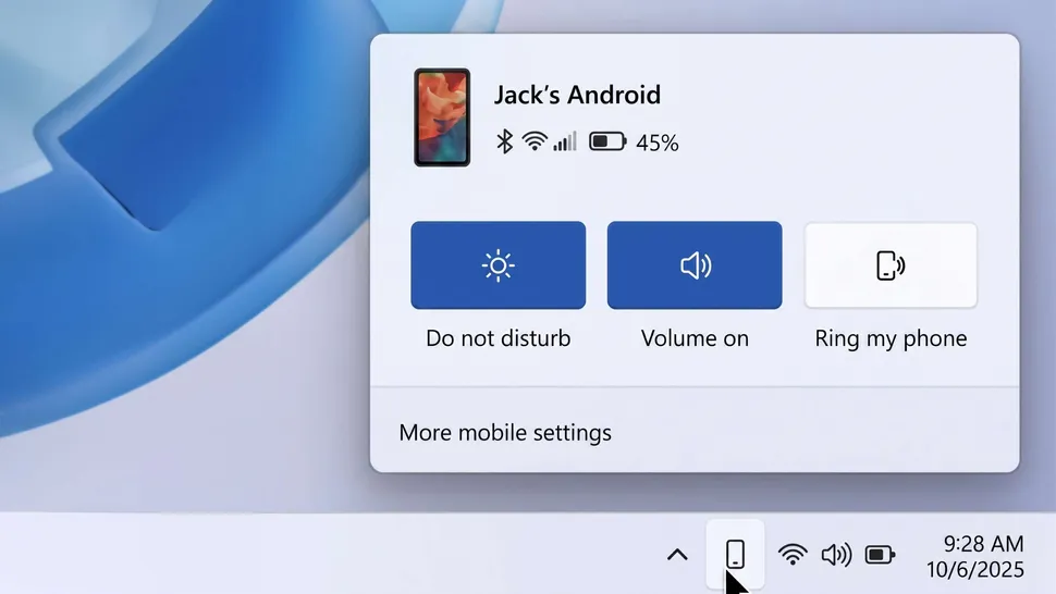Windows 11 taskbar smartphone flyout concept with phone status and controls