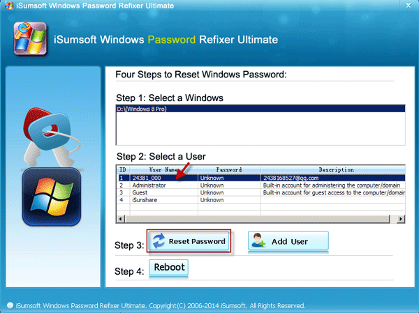 выберите учетную запись Microsoft для сброса пароля