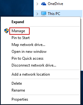 Щелкните правой кнопкой мыши на этом компьютере и выберите «Управление».