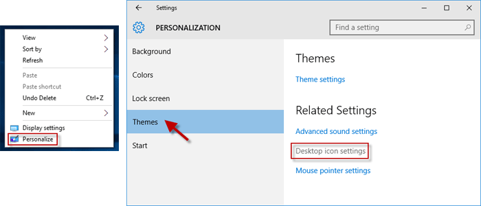 where is the windows 10 settings for desktop icon