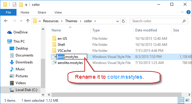 Переименуйте aero.msstyles в color.msstyles
