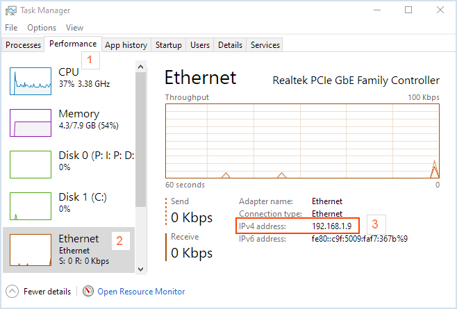 Просмотр диспетчера задач IP-адреса