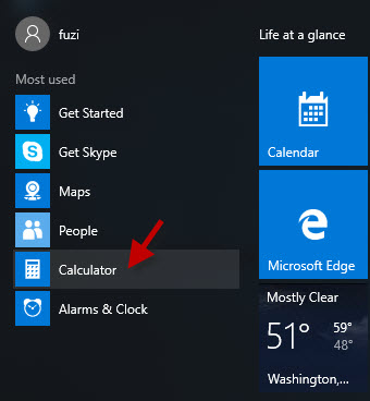 Find Calculator in Start menu