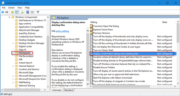 Display delete confirmation whiling deleting files