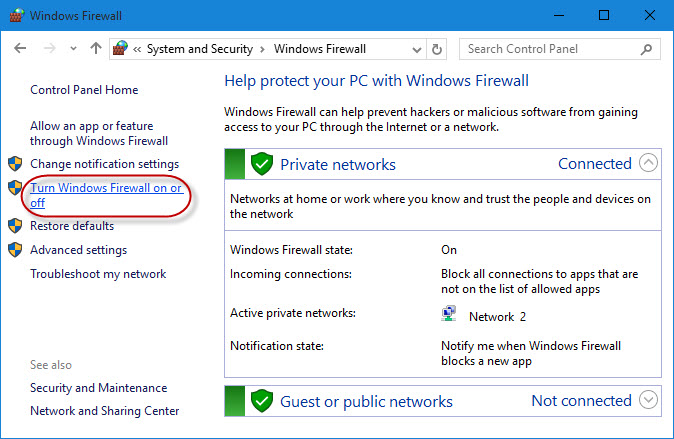 Turn Windows Firewall on or off