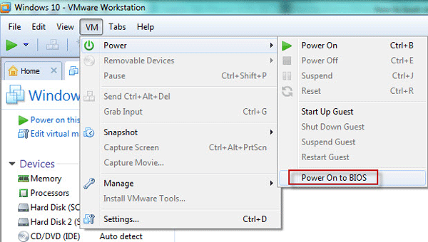 Power on virtual machine to BIOS
