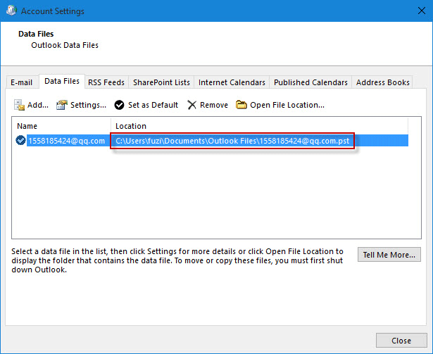 Note your pst file path