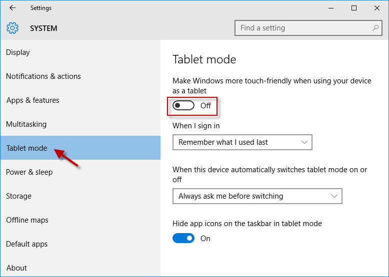 Toggle the switch to On or Off