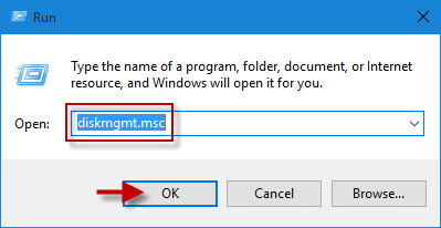 Type diskmgmt.msc in Run box