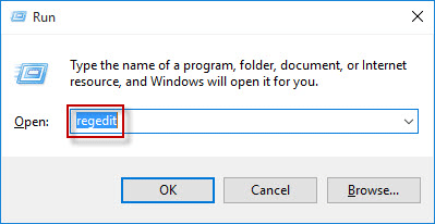 Type regedit in Run box