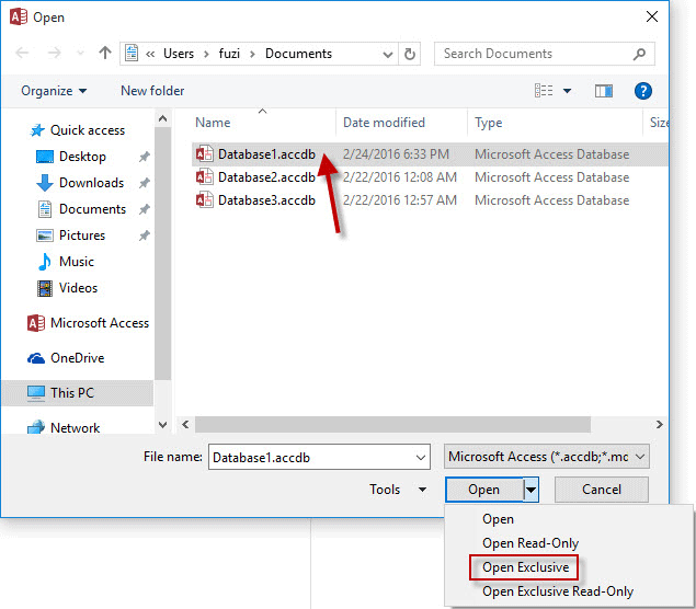 Open database file in exclusive mode