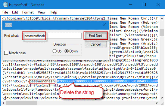 Delete the string next to passwordhash