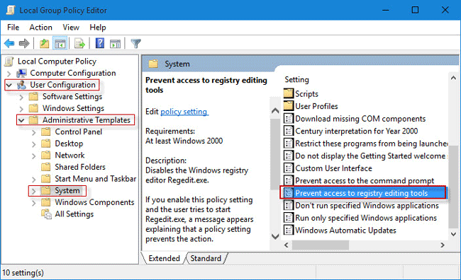 Double-click on Prevent access to registry editing tools