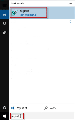 Search regedit in Start menu