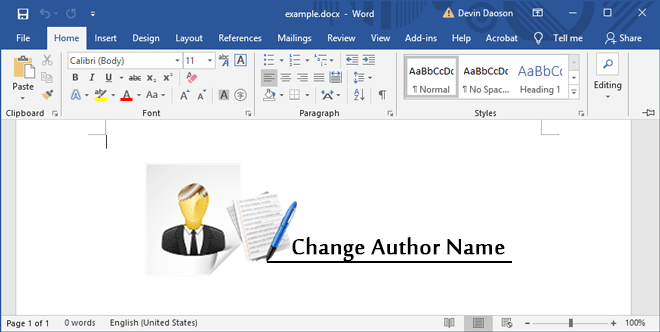 change author name in word