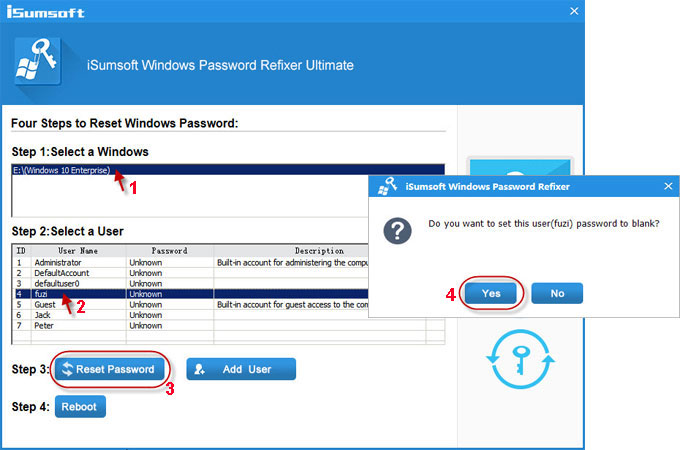 Select password forgotten user account and click Reset Password