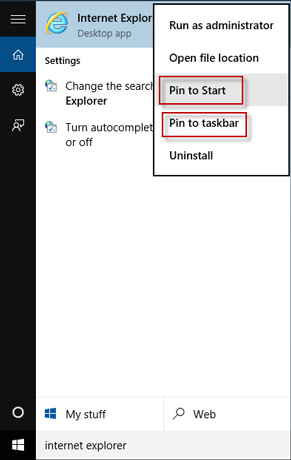 Pin internet explorer to Start or taskbar