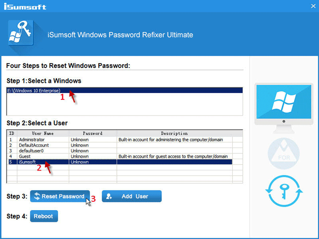 Select account and click Reset Password